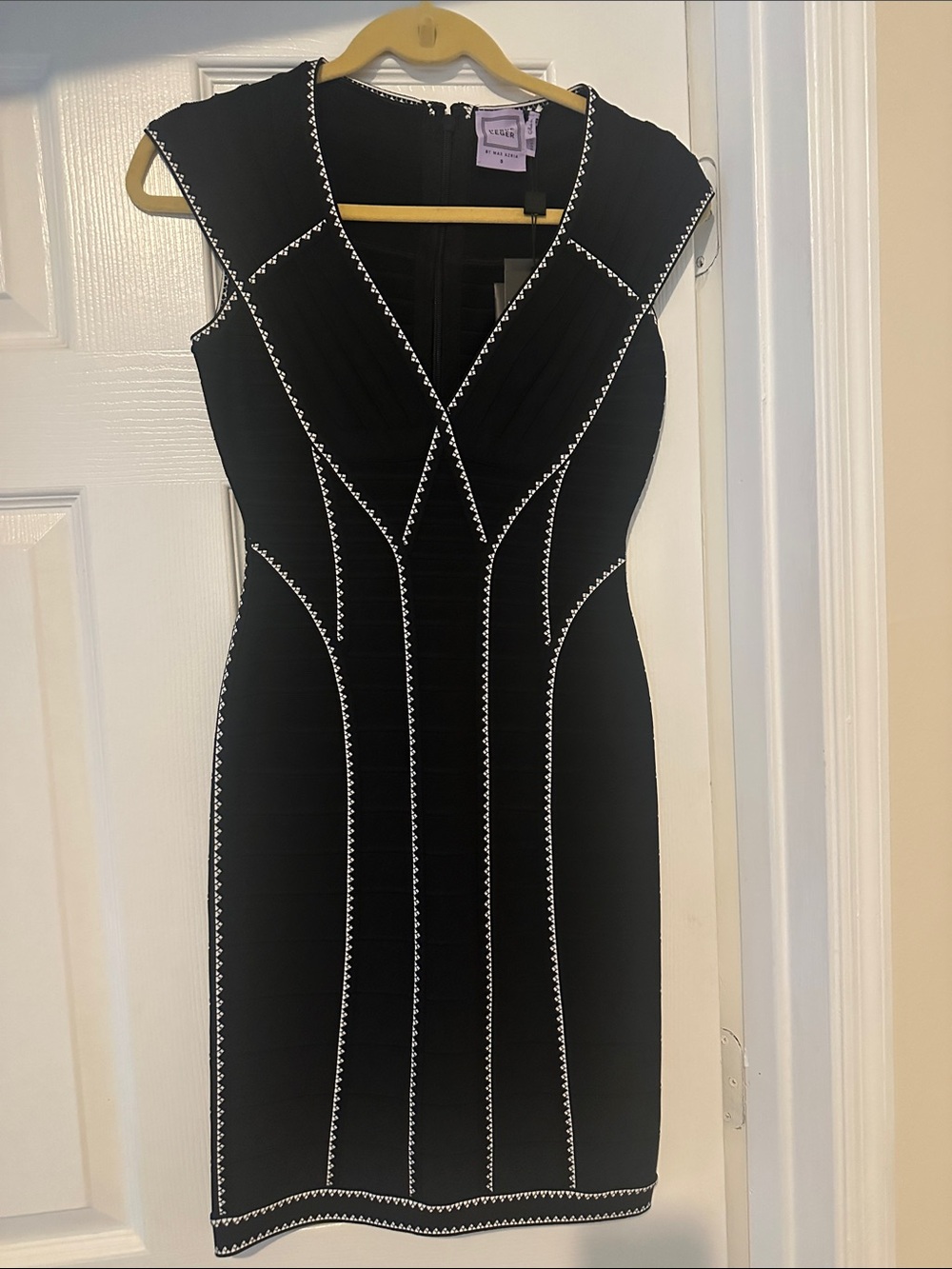 Herve Leger Black Midi Bandage Dress with White Trim